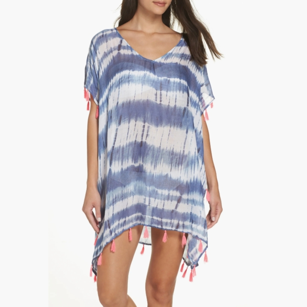 Surf Gypsy Blue Tie-Dye Cover-Up with Neon Pink Tassels